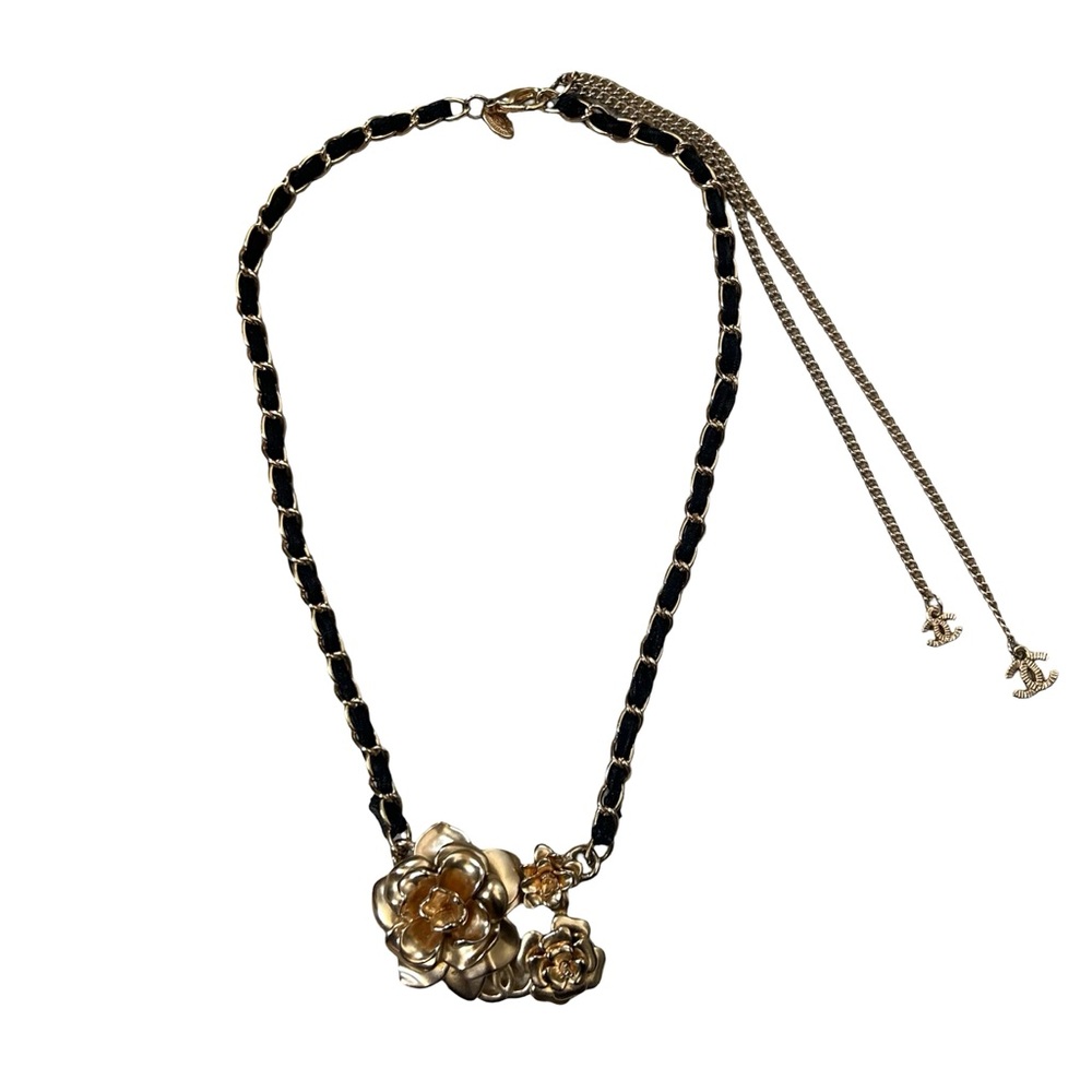 RARE Chanel Gold Camellia Black Silk Organza Woven Chain Necklace